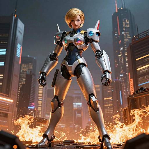 CGI image of a blonde woman in a futuristic silver and black robotic armor standing amidst a fiery cityscape, neon-lit skyscrapers in the