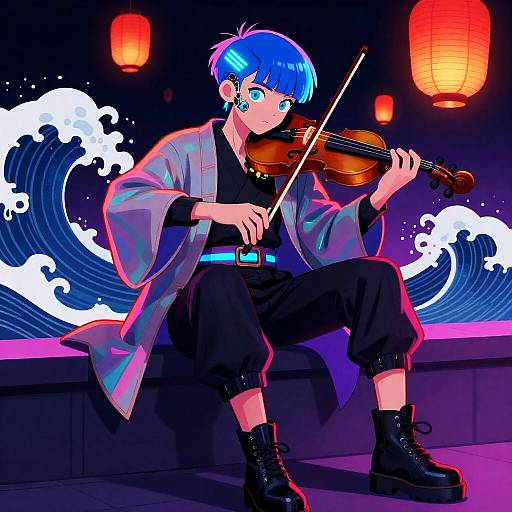 Cyberpunk Violinist Neon Illustration