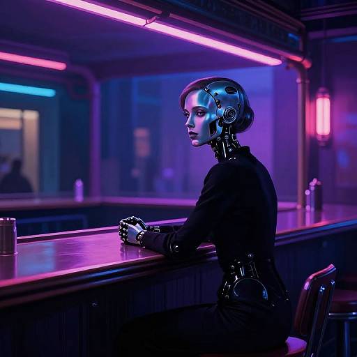 Cyborg woman with metallic head and exposed joints sits at neon-lit bar, wearing black top, under pink and blue lights.