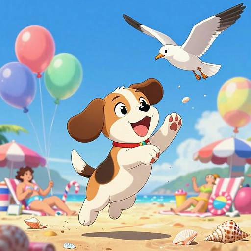 Cartoon-style beach scene: excited brown and white puppy jumping, chasing seagull; colorful balloons, beachgoers, umbrellas, sea in