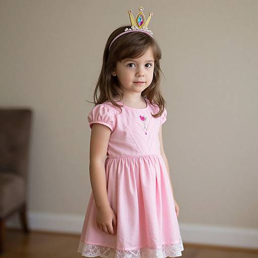 Photograph of a young girl with light skin, brown hair, wearing a pink dress and a sparkling gold crown, standing indoors.