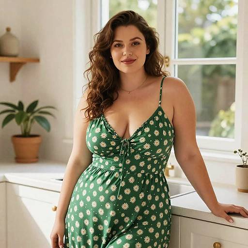 Photograph of a curvy, fair-skinned woman with long, wavy brown hair, wearing a green, daisy-patterned sundress,