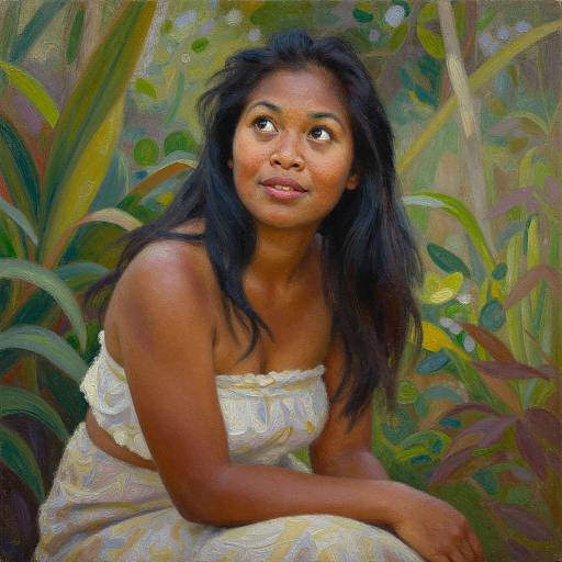 Digital painting of a young Asian woman with dark hair, brown skin, and brown eyes, wearing a white strapless dress, sitting among lush, green