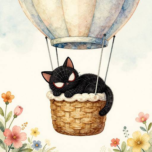 Watercolor illustration of a black cat with white eyes, lounging in a wicker basket hanging from a blue and white balloon, surrounded by colorful flowers