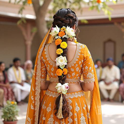 Photograph of a woman from behind, wearing an orange traditional Indian bridal outfit with white floral embroidery and orange marigold flowers in her long, bra