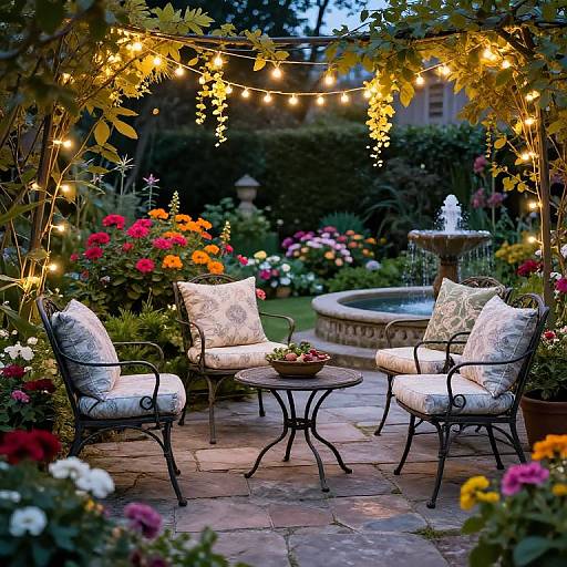 Photograph of a cozy, lit garden patio with black wrought iron chairs, white pillows, string lights, colorful flowers, and a stone fountain in the
