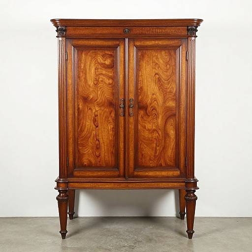 Photograph of a rich, polished wooden cabinet with ornate carvings, two paneled doors, and dark metal handles, standing on four turned