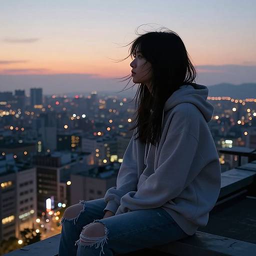 Photograph of a silhouetted woman with long hair, wearing a gray hoodie and ripped jeans, sitting on a rooftop at dusk, city lights