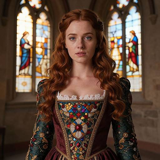 Photograph of a fair-skinned redheaded woman with blue eyes, wearing an ornate, embroidered medieval gown, standing in front of colorful stained glass