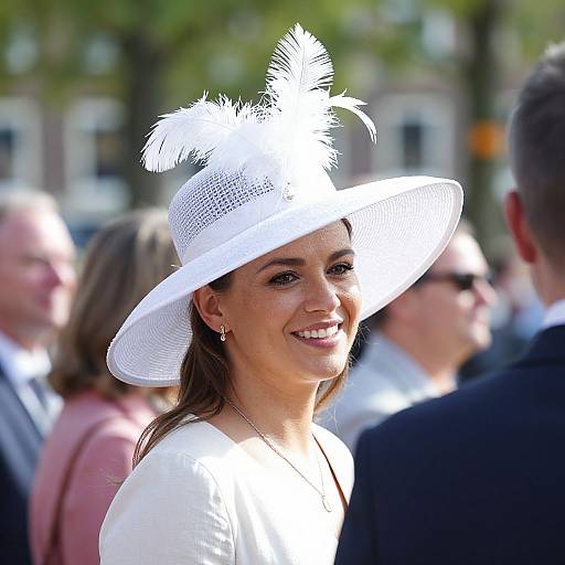 Photograph of a smiling woman in a white hat with feathers, wearing a white dress, standing outdoors among blurred, dressed-up people. Sunlit background