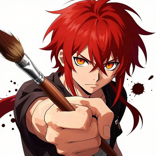 Anime-style digital drawing of a red-haired, yellow-eyed character with spiky hair, pointing aggressively with a paintbrush in hand. White background. Int