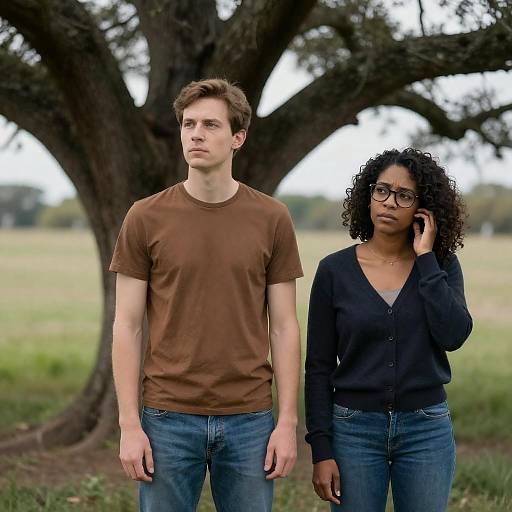 Concerned Couple Standing Near Tree in Field