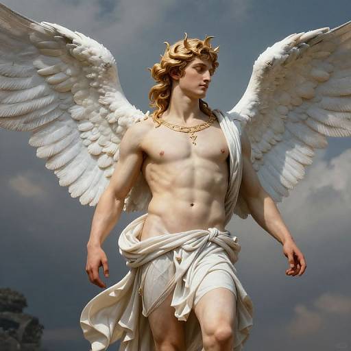 Digital artwork of a muscular, blond angel with white wings and golden crown, wearing a white toga, against a cloudy sky.