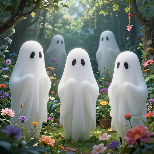 Photograph of five glowing white ghost figures with black eyes, standing in a vibrant, sunlit garden filled with colorful flowers.
