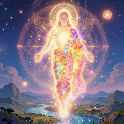Digital art of a glowing, ethereal Jesus in colorful robes, floating over a starry night sky, with a circular, magical pattern behind and a