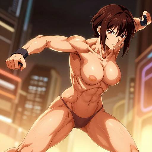 Anime-style digital artwork of a muscular, topless woman with short brown hair and purple eyes, wearing black bikini bottoms, fighting in a neon-lit