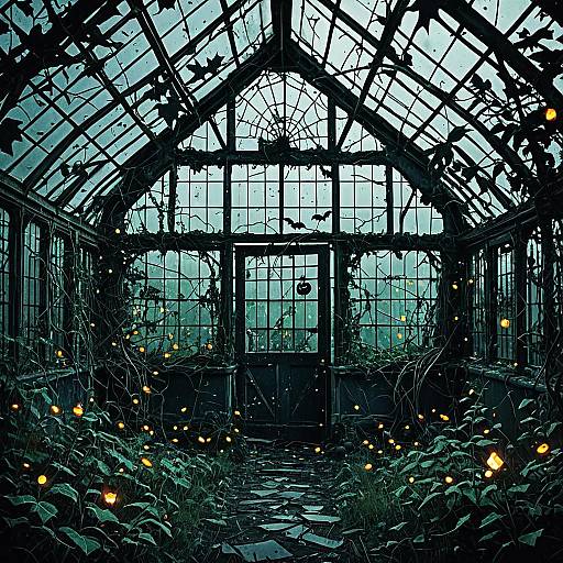 Spooky Abandoned Greenhouse with Glowing Fireflies