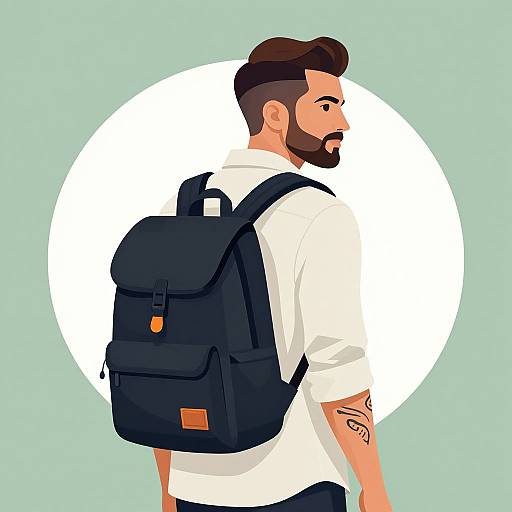 Digital illustration of a bearded man with a brown pompadour, white shirt, black backpack, and tattoo, facing right against a white circle on