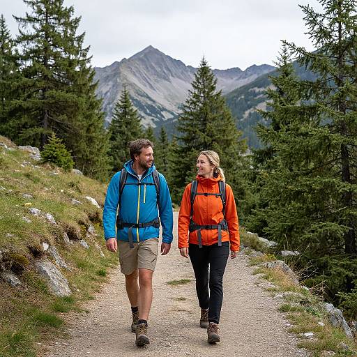 Photograph of a bearded man in a blue jacket and khaki shorts, and a blonde woman in an orange jacket, hiking on a mountain trail
