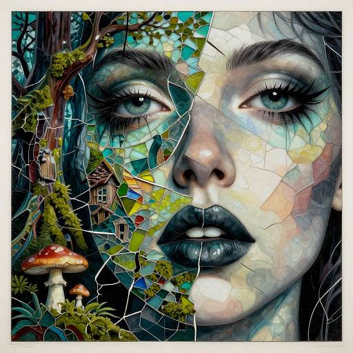 Digital collage of a cracked, close-up woman's face with blue eyes, black lips, and mosaic texture, blending forest, mushrooms, and a small