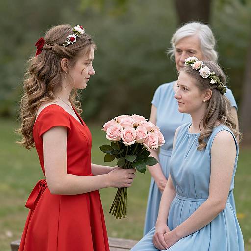 Photograph of three women in a park: one in a red dress holding pink roses, two in blue dresses, all wearing flower crowns.