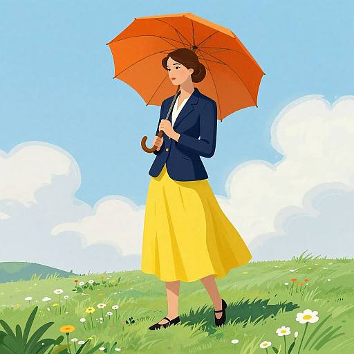 Digital illustration of a woman in a navy blazer and yellow skirt holding an orange umbrella on a sunny, grassy field.