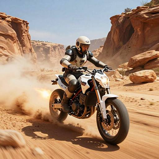 Motorcyclist in white gear and helmet speeds through dusty desert landscape with rocky cliffs, sunlight casting shadows, creating dynamic action shot.