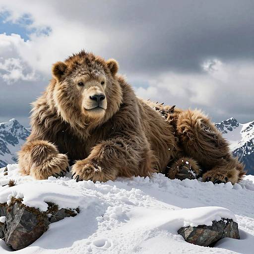 Photograph of a large, fluffy brown bear lying in the snow on a rocky mountain peak, with a cloudy sky background.