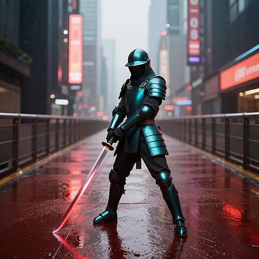 Iridescent Android Scout on Neon Skybridge