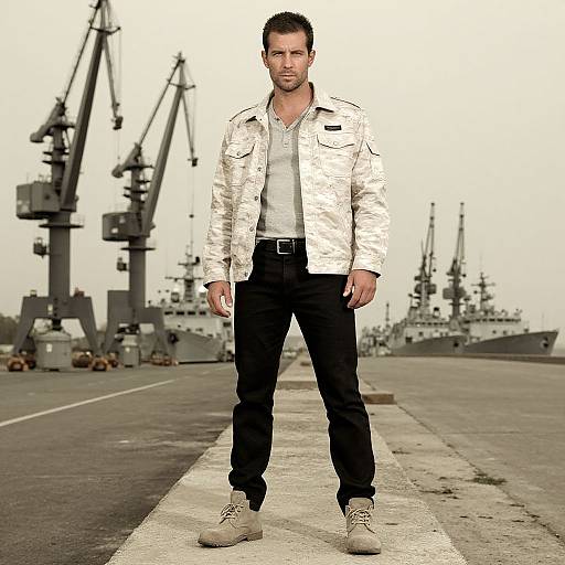 Photograph of a confident, bearded man in a white textured jacket, black pants, and beige boots, standing on a dock with cranes and