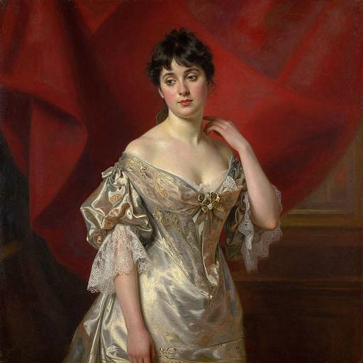 Portrait of a fair-skinned woman with dark hair, wearing an off-shoulder, silver satin gown with lace details, posing against a rich red