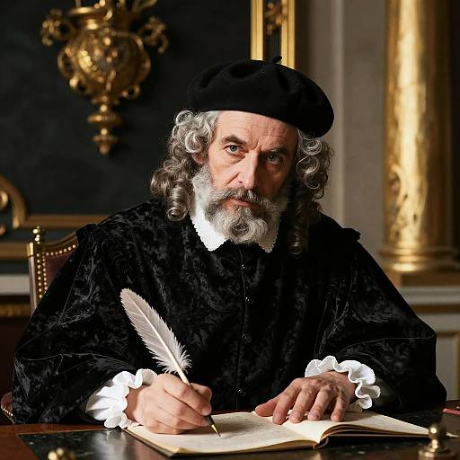 Photograph of an elderly, white-bearded man with curly hair, wearing a black beret and velvet robe, writing with a quill in an