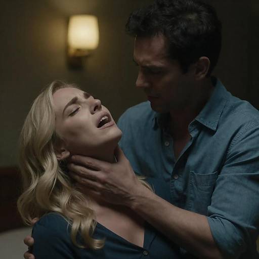 Man Holding Distressed Woman's Neck in Dim Room