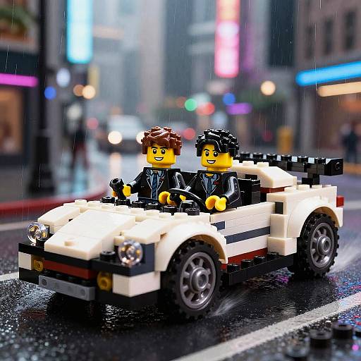 Photograph of two Lego minifigures driving a Lego convertible car on a wet, rain-soaked city street at night, with colorful neon lights