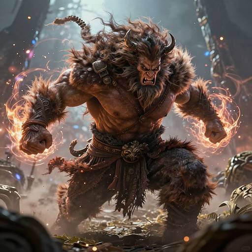 Digital artwork of a fierce, muscular minotaur with glowing, fiery fists, wearing fur armor and loincloth, standing in a misty,