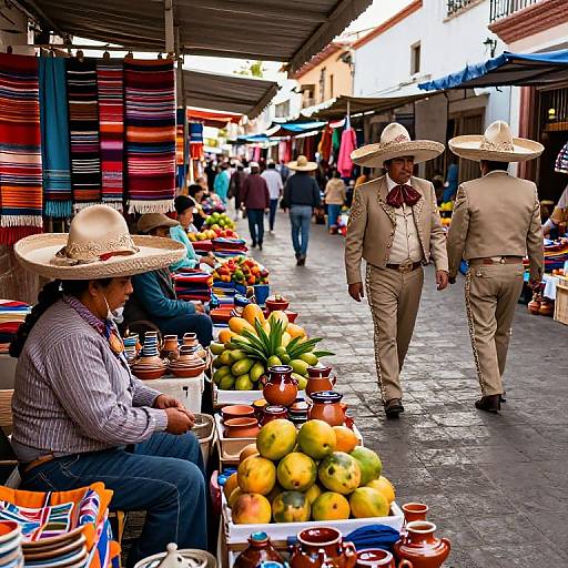 Photograph of a bustling Mexican market: Two men in beige suits and large sombreros walk past vendors selling colorful pottery, fruits, and textiles under