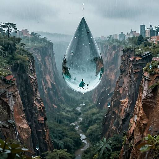 Digital artwork: A giant water droplet containing a small silhouette walking between towering, lush canyon cliffs with rain, buildings, and a winding path.