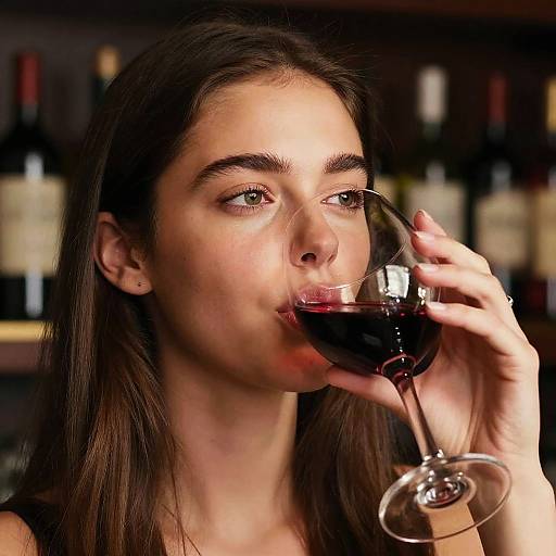 Photograph of a young woman with long brown hair, fair skin, and brown eyes, sipping red wine in a dimly lit bar. Bl