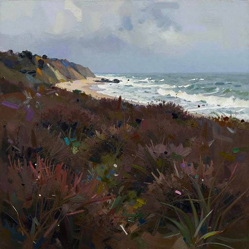 Impressionistic painting of a coastal scene with dark, bushy foreground, sandy beach, and rough, white-capped ocean waves under a cloudy sky
