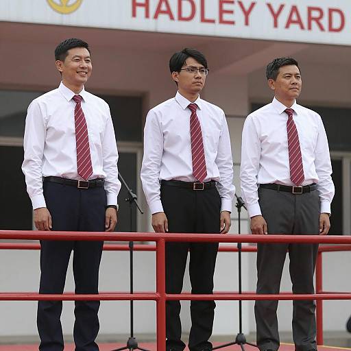 Three Men on Platform with Microphone