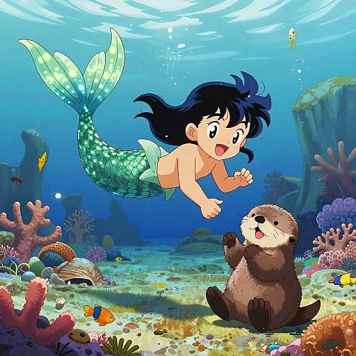 Cheerful Bioluminescent Merfolk and Otter