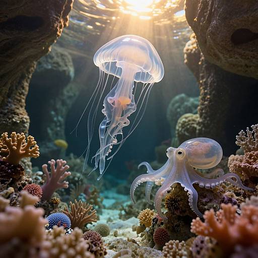 Photograph of an underwater scene with a glowing jellyfish and a translucent octopus among colorful coral reefs, sun rays filtering through the water.