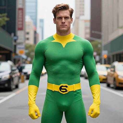 Green and Yellow Superhero in City
