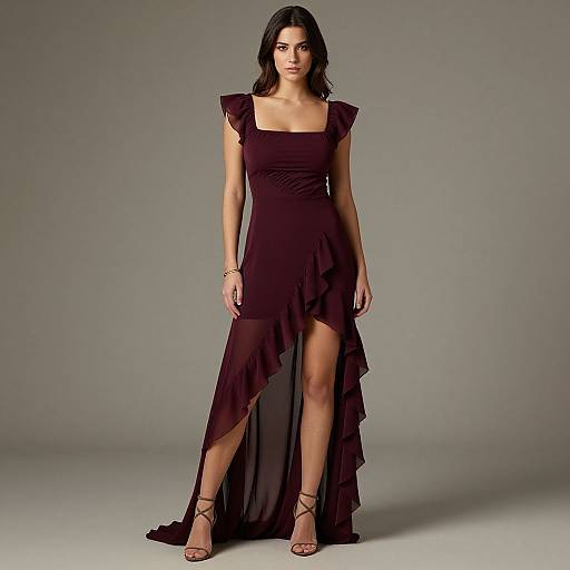 Photograph of a woman with dark hair, wearing a sleeveless, deep burgundy, asymmetrical, high-low dress, and strappy heels,