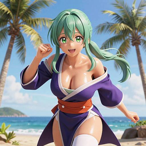 Digital anime-style drawing of a green-haired, green-eyed woman with large breasts, wearing a purple kimono with white trim and red sash, running