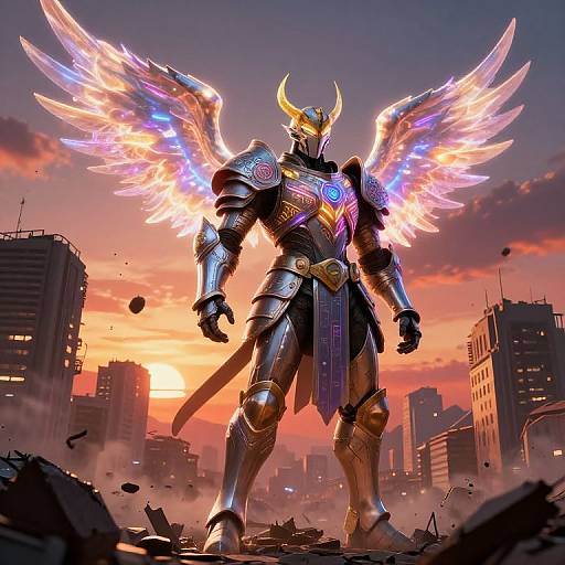 CGI image of a towering, metallic knight with glowing, winged armor and a golden horned helmet, standing amidst a ruined city at sunset.