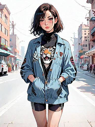 Woman in Oversized Denim Jacket and Tiger Stripe Top