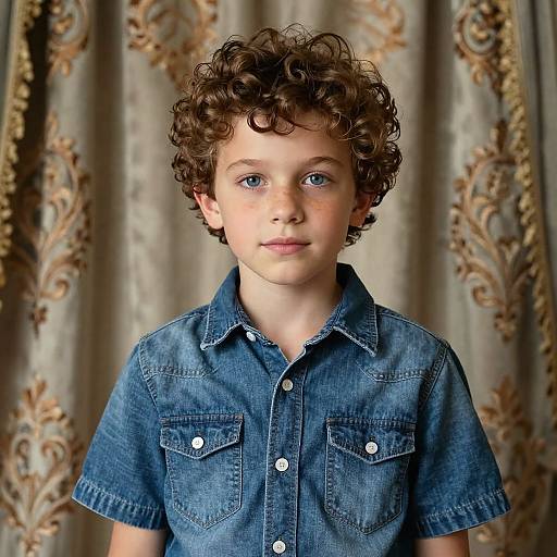 Photograph of a young boy with curly brown hair, blue eyes, wearing a blue denim shirt, standing against a patterned curtain backdrop.