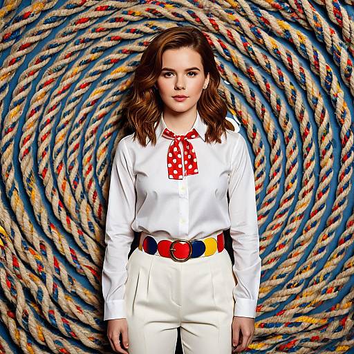 Woman in Twister Costume with Colorful Rope Background