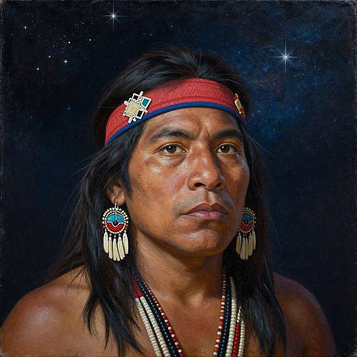 Photograph of a Native American man with long black hair, red headband, feathered earrings, and beaded necklace, against a starry black